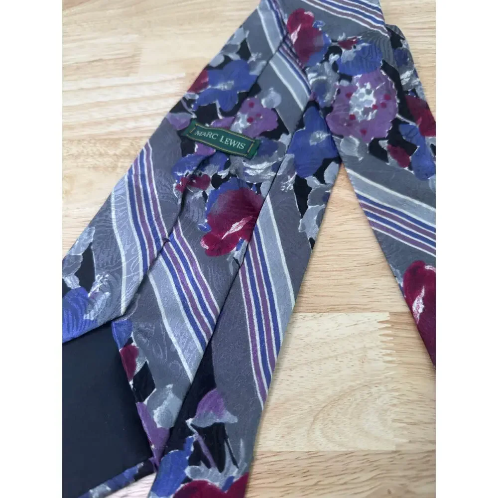 Marc Lewis Italy Men's Silk Neck Tie Purple Pink Silver Floral Abstract JL